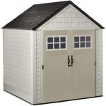 Rubbermaid 7×7 Ft Durable Weather Resistant Resin Outdoor Garden Storage Shed with Windows and Utility Hooks. Sand
