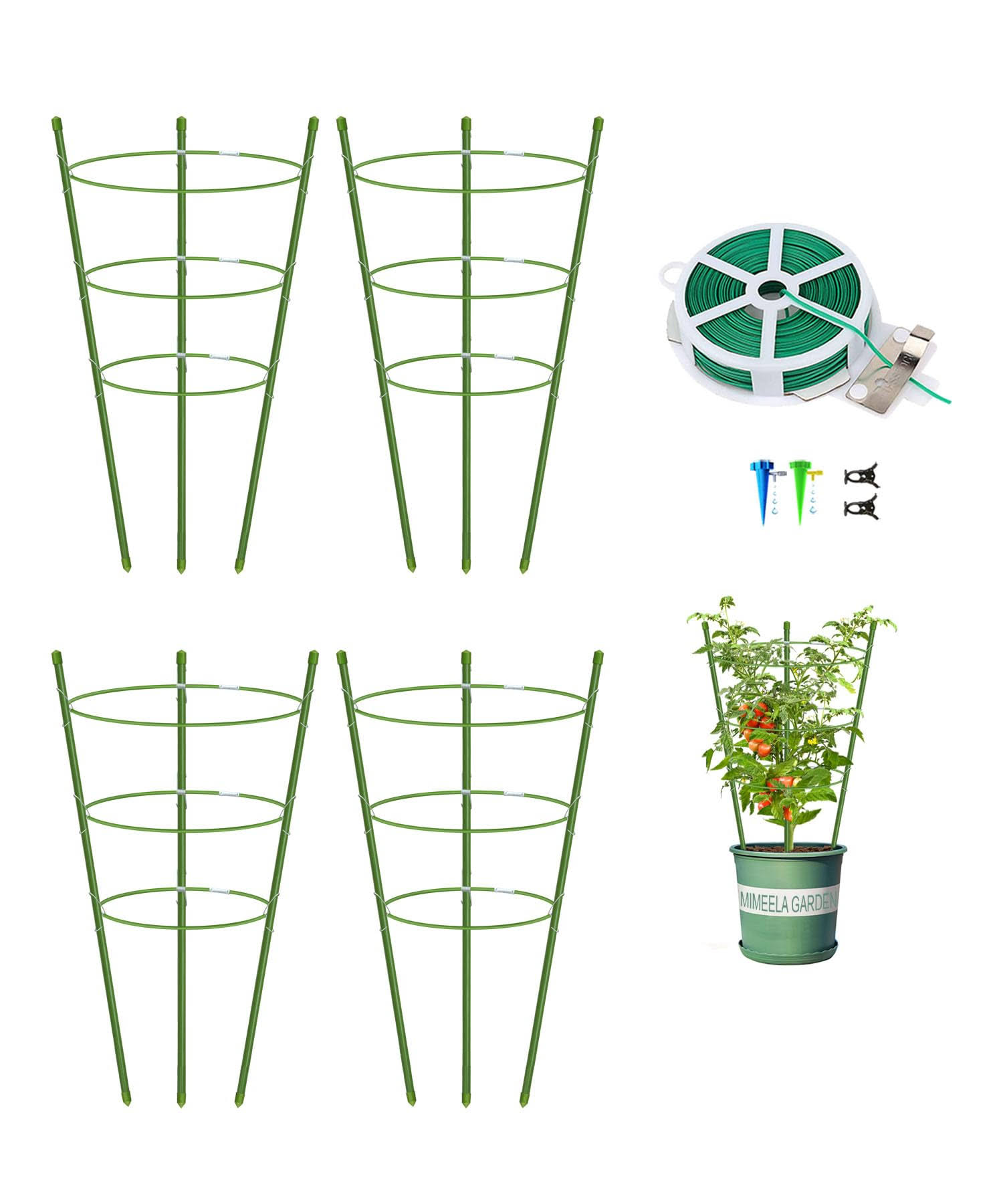 5e223bbdd261e5fcc76e9bc67ff9278fcf3f4b5e58604941e6bd46c061cde730.jpg Mimeela 4 Pack Garden Plant Support Tomato Cage, Upgrade 18" Trellis for Climbing Plants, Plant Trellis Kits with 4 Self Watering Spikes and Plant Clips (18 - Image 1