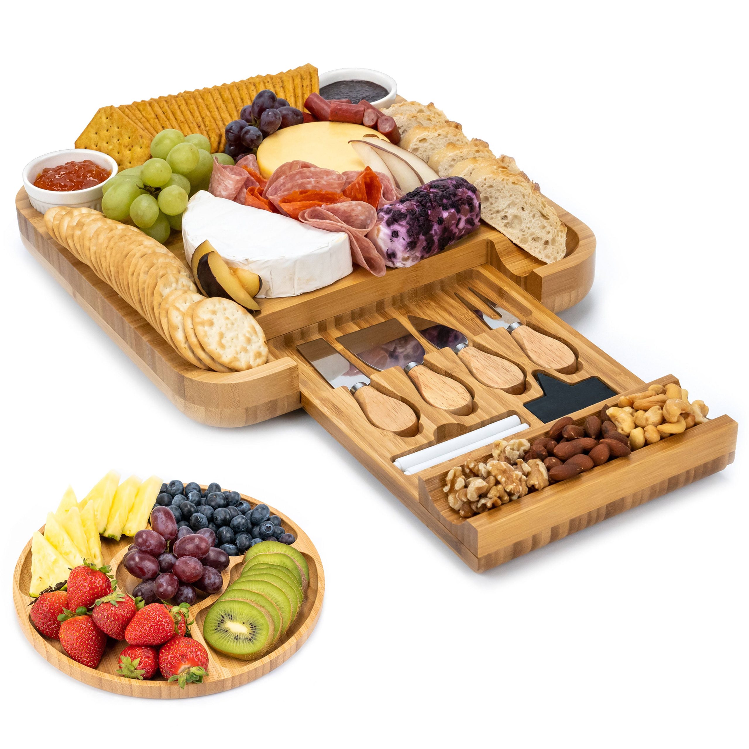 5e489123a4d339f5482c7e4a6ff52322c76a37990e8748118b441c6b18ad0831.jpg Smirly Bamboo Cheese Board and Knife Set: Large Charcuterie Boards Set & Cheese - Image 1
