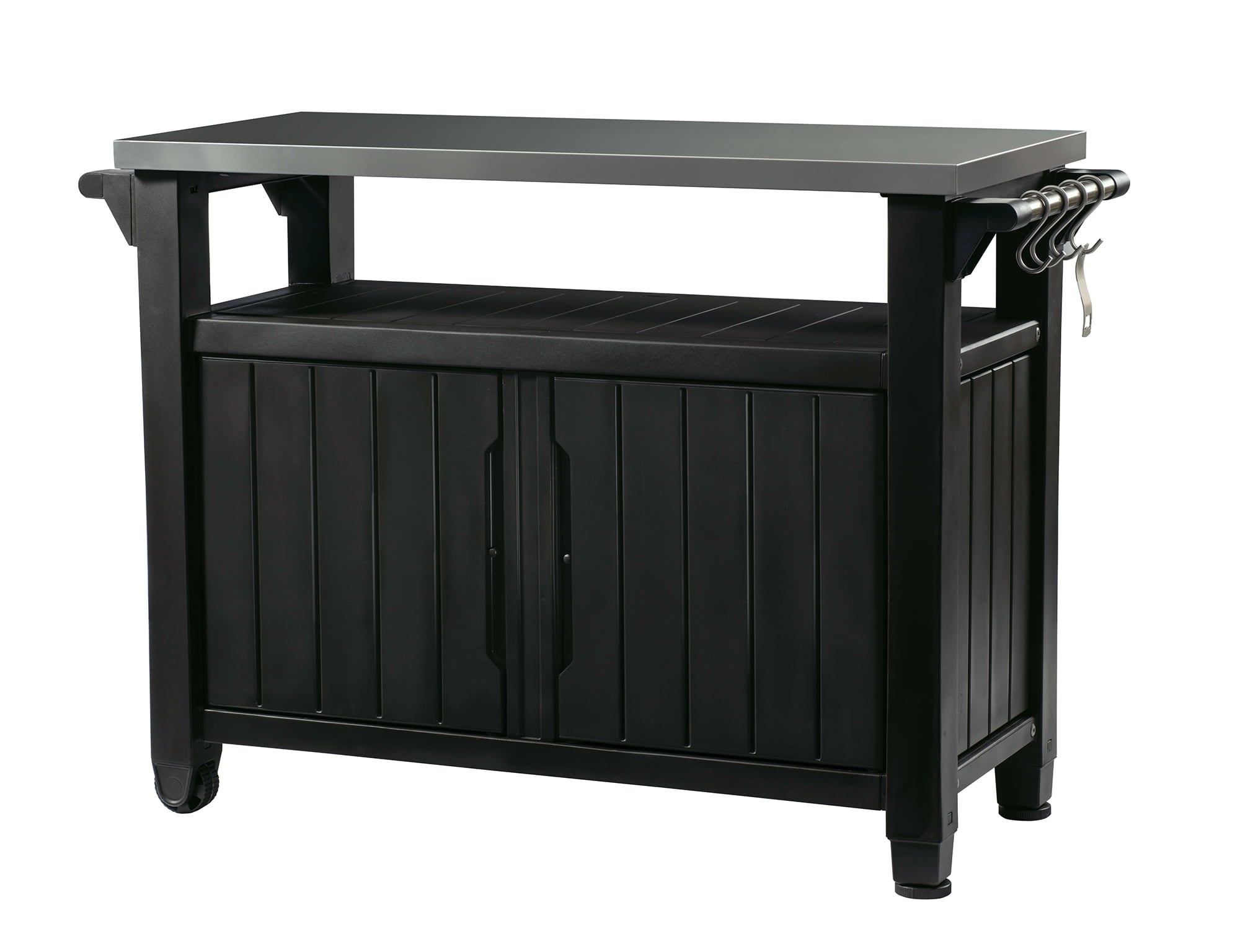 5e5bf3ec047edd840ec19cf5686b997371265f5b52bc382e4ef7edc167e6a27b.jpg Unity XL Resin Serving Station. All-Weather Plastic and Metal Grill. Storage and Prep Table. Graphite - Image 1