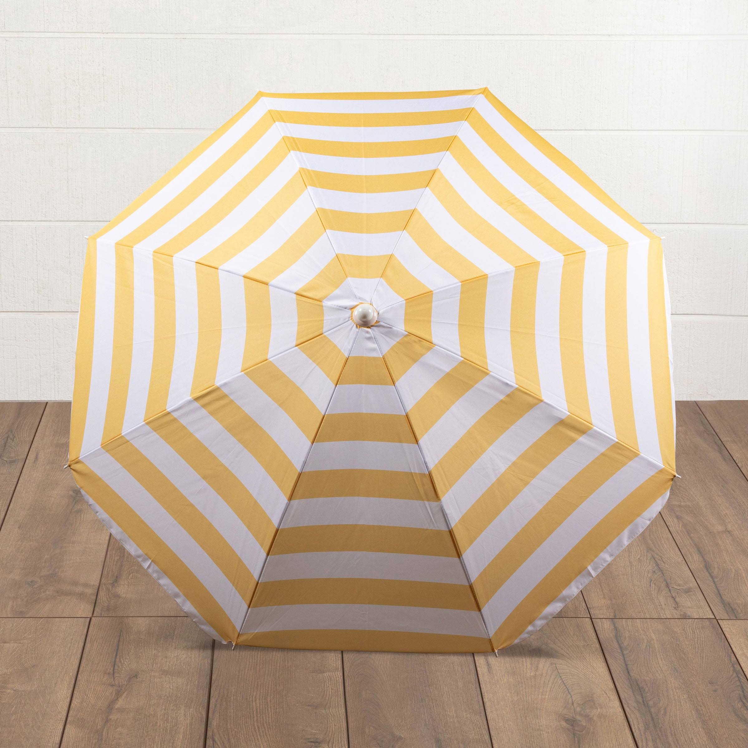 5e66d9ed80d4e4fe783b192b78a4eb5c2656c9b16679d9ea23ec197579365e7c.jpg Oniva 5.5 ft. Portable Beach Umbrella, (Yellow Cabana Stripe) - Image 1