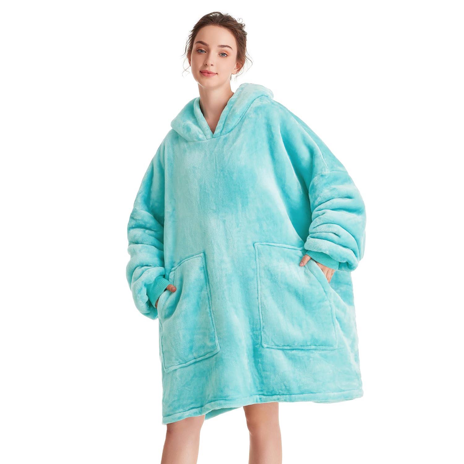 5e7b5d5d6ebe15ee2b0ab2a75db235724f397b445cfaa45da7a590ae0e285fb2.jpg Aemicion Oversized Wearable Blanket hoodie,thick Cozy Sherpa Sweatshirt Blanket As Gift for Women Men-Teal - Image 1