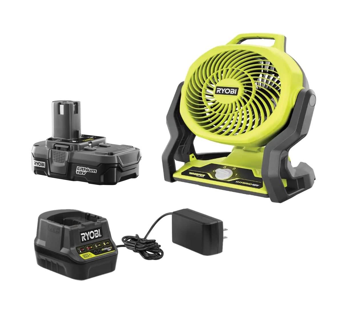 5e87ce3b0a56df633cf95dca6cde0e3e0cb3a4affe5ead830cad98383963bdb0.jpg Ryobi Tools 18-Volt Hybrid Portable Fan Kit with Battery and Charger (No Retail Packaging) - Image 1