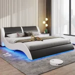 Queen Size Bed Frame with LED Lights, Modern Platform Bed Frame with Upholstered Headboard, Faux Leather Wave Like Low Profile Bed Frame, No Box Spring Needed, Black