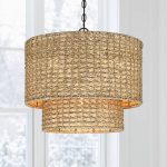 True Fine 4-Light Natural Rattan Traditional Drum Pendant Light Black Canopy - Black/earthy - 20 in. W