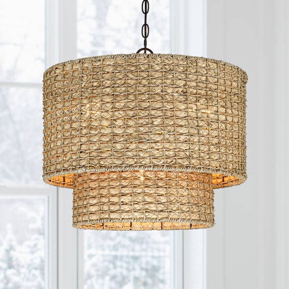 5ea4168972975cae75b12f98b5b8a4ba7569a9317d873054a529d2c5f7485717.jpg True Fine 4-Light Natural Rattan Traditional Drum Pendant Light Black Canopy - Black/earthy - 20 in. W - Image 1