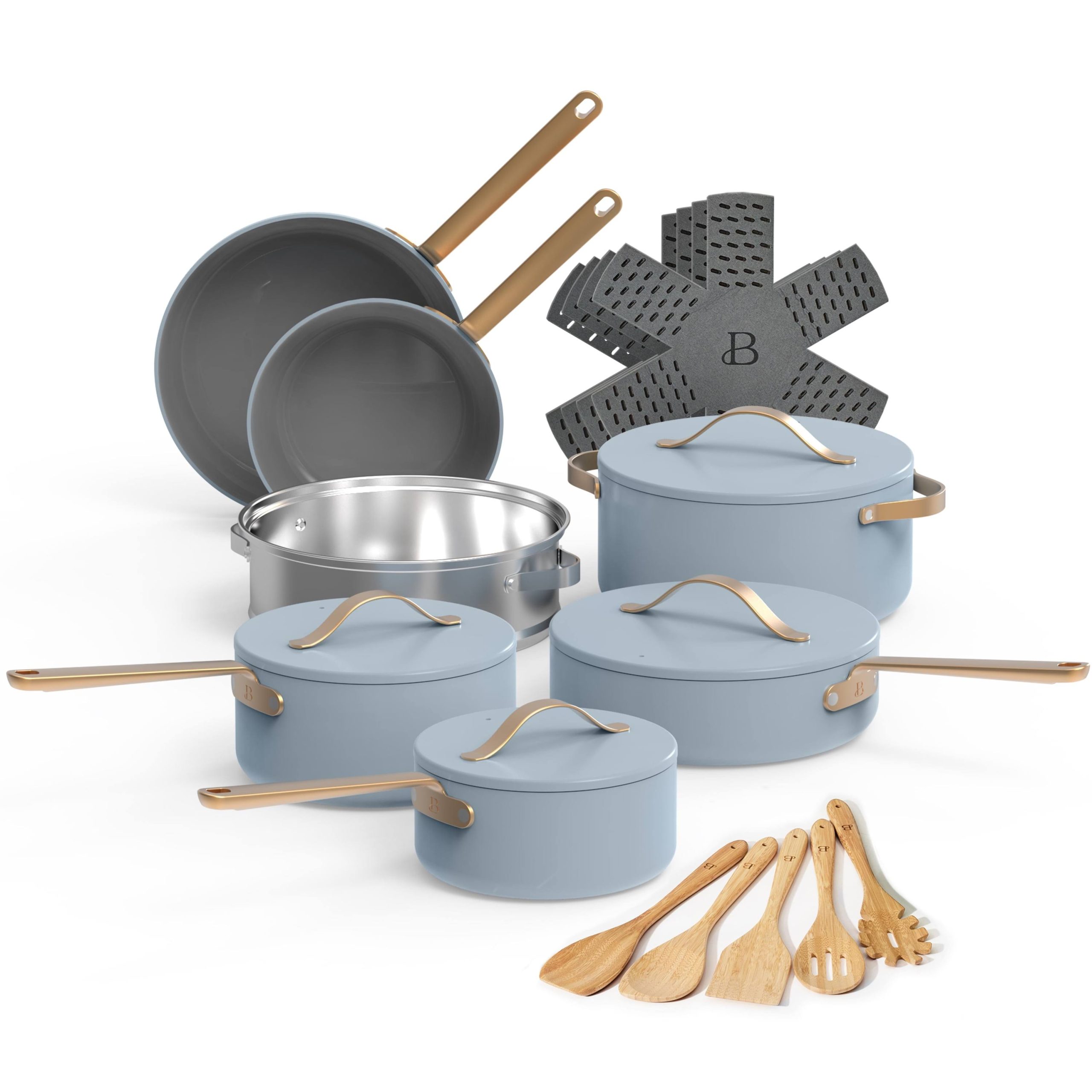 5f18640661a202e7c0e931059fd4f7a04e952a76b9d3ae7e09b0f9fbbd9aebf9.jpg Beautiful 20pc Ceramic Non-Stick Cookware Set, Cornflower Blue by Drew Barrymore - Image 1