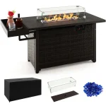 52" 50,000 BTU Outdoor Wicker Gas Fire Pit Propane Fire Table with Waterproof Cover, Wind Guard & Extended Storage Shelf for Patio Backyard