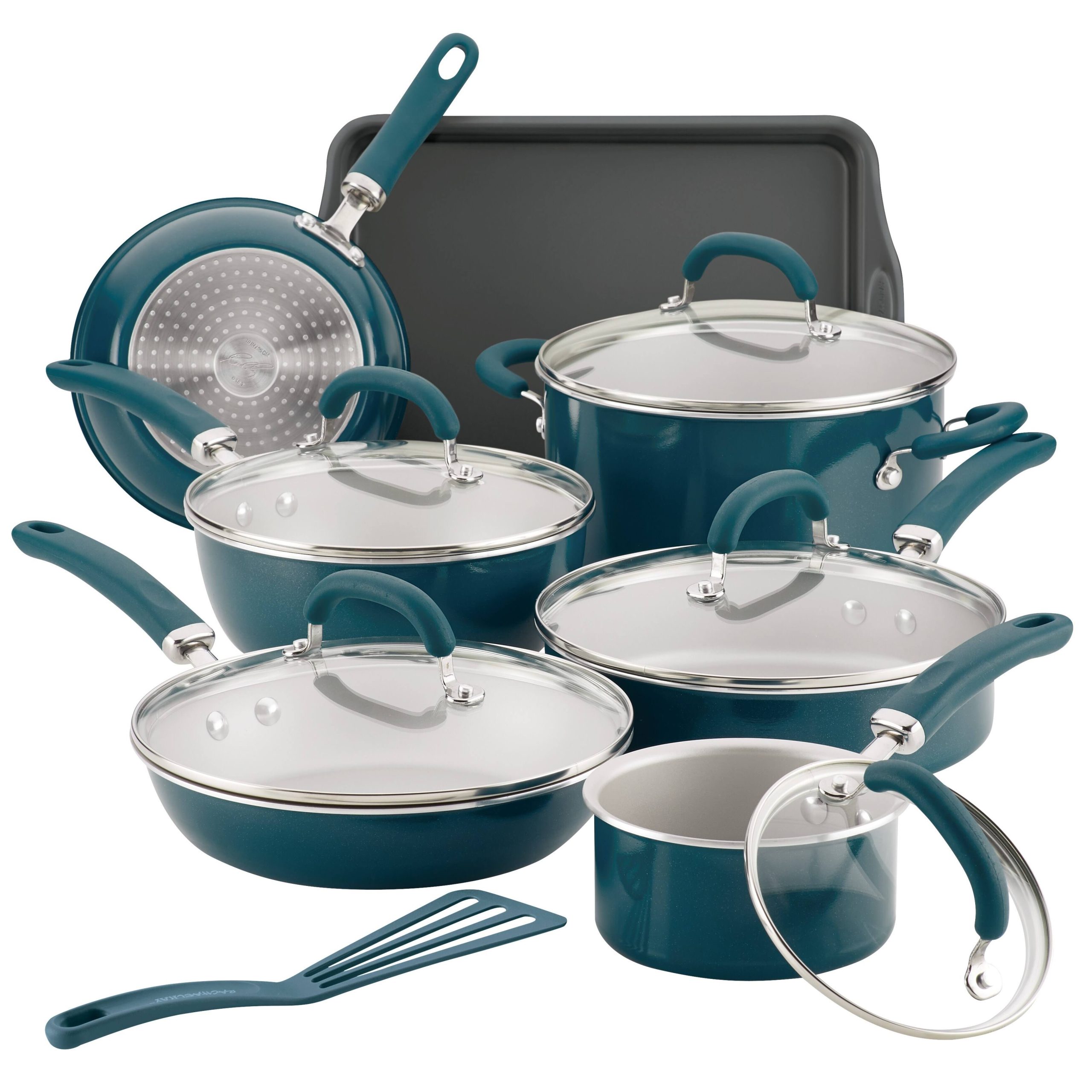 5ff4ceb3a189cc1eae3343afff7ab0e99cde8754e6f1acb6f48547e66638972c.jpg Rachael Ray Create Delicious Aluminum Nonstick Cookware Set 13-Piece Teal Shimmer - Image 1