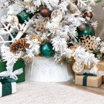 AuldHome Rustic White Tree Collar (Pine Embossed, Large), 29-inch Diameter Base Vintage Enamelware Christmas Tree Accent, Distressed Pine Cone Design
