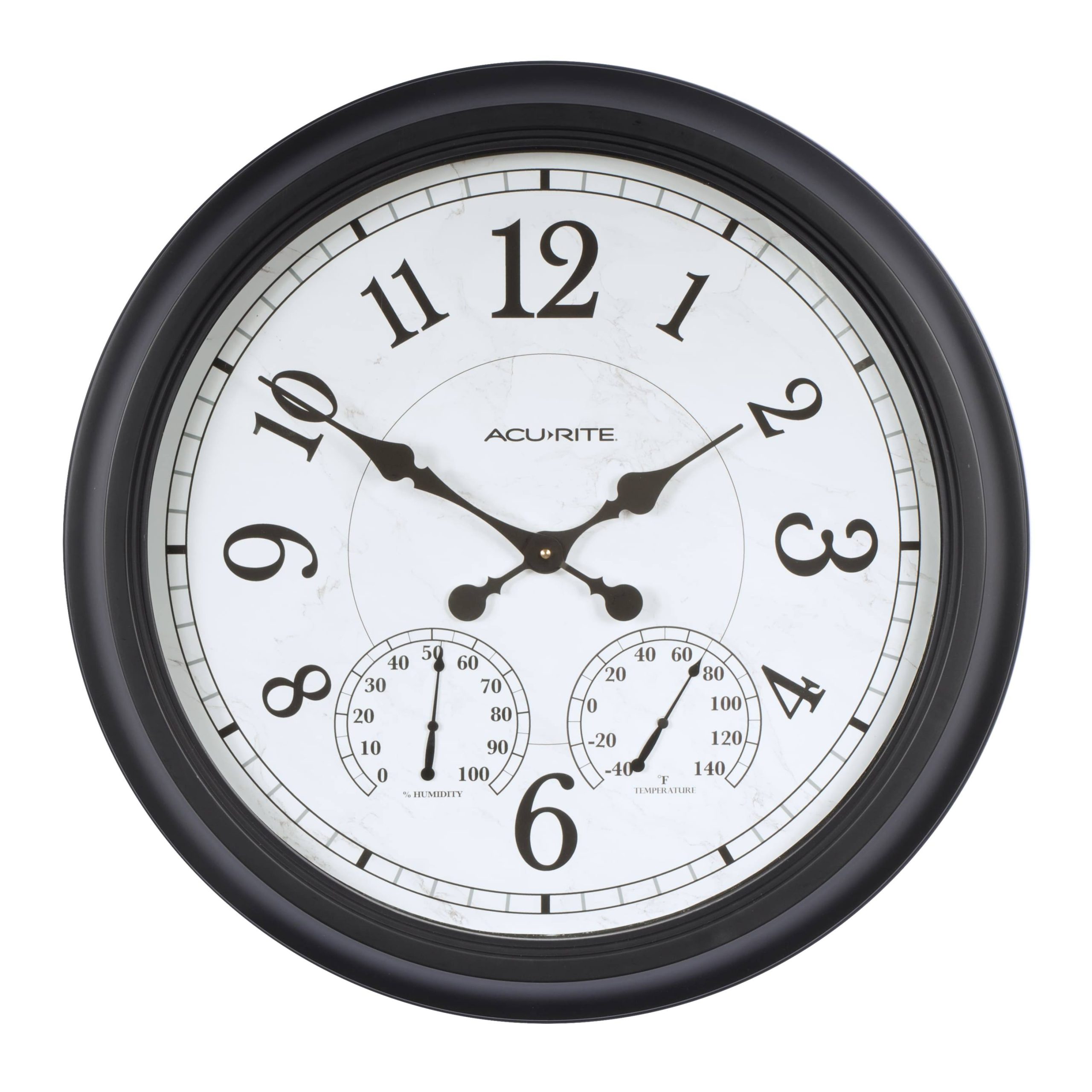 60ececde5a1cb3954ab5495fdca063f27c4992a32aaad153a52c4daf088aa596.jpg Acurite Analog Wireless Indoor or Outdoor Black, White Thermometer with Clock | 76096L - Image 1
