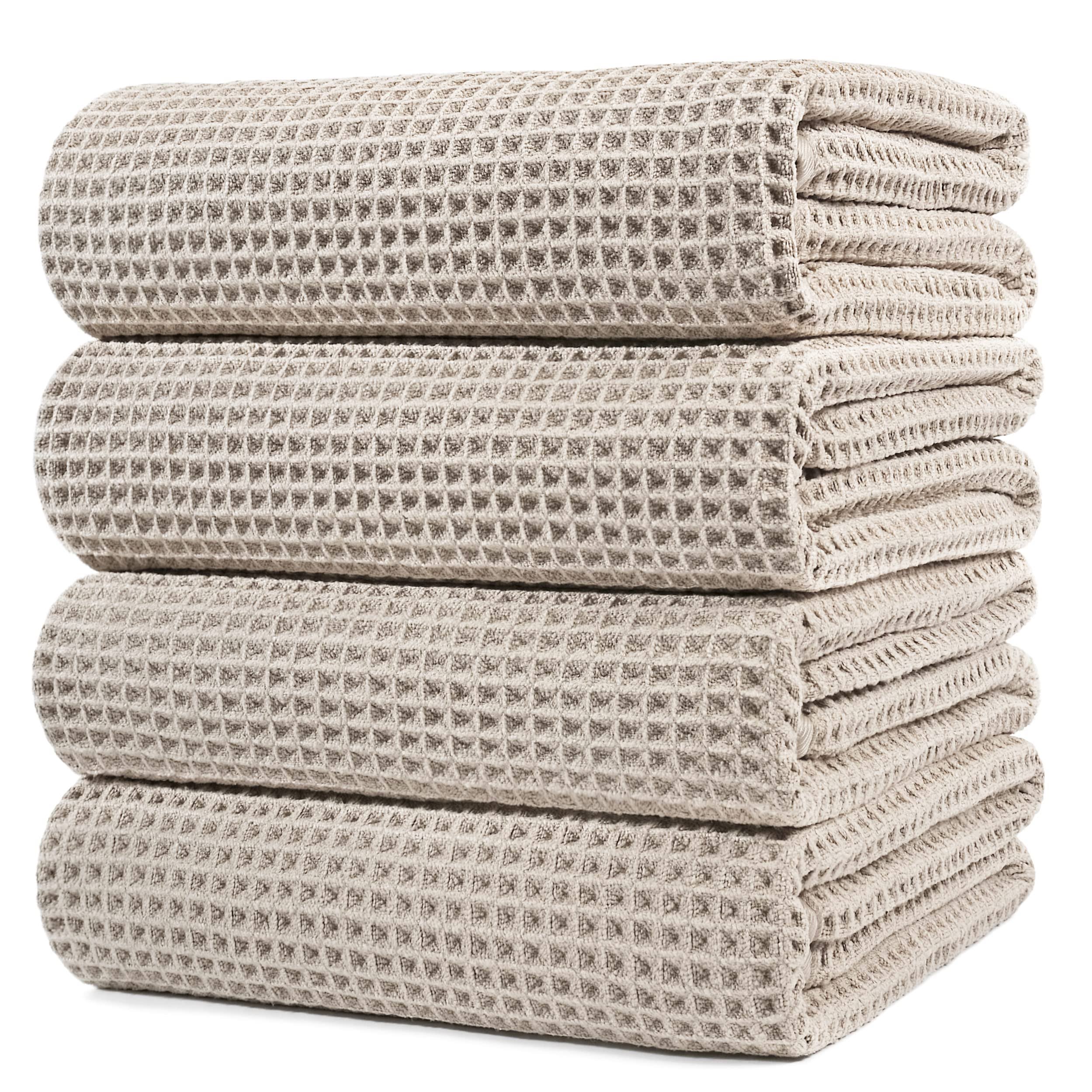 61961f577d04ad6b03c96212a757aa37f25cb99265d06b24997f681febb65fba.jpg POLYTE Microfiber Oversize Quick Dry Lint Free Bath Towel, 60 x 30 in, 4 Pack (Beige, Waffle Weave) - Image 1