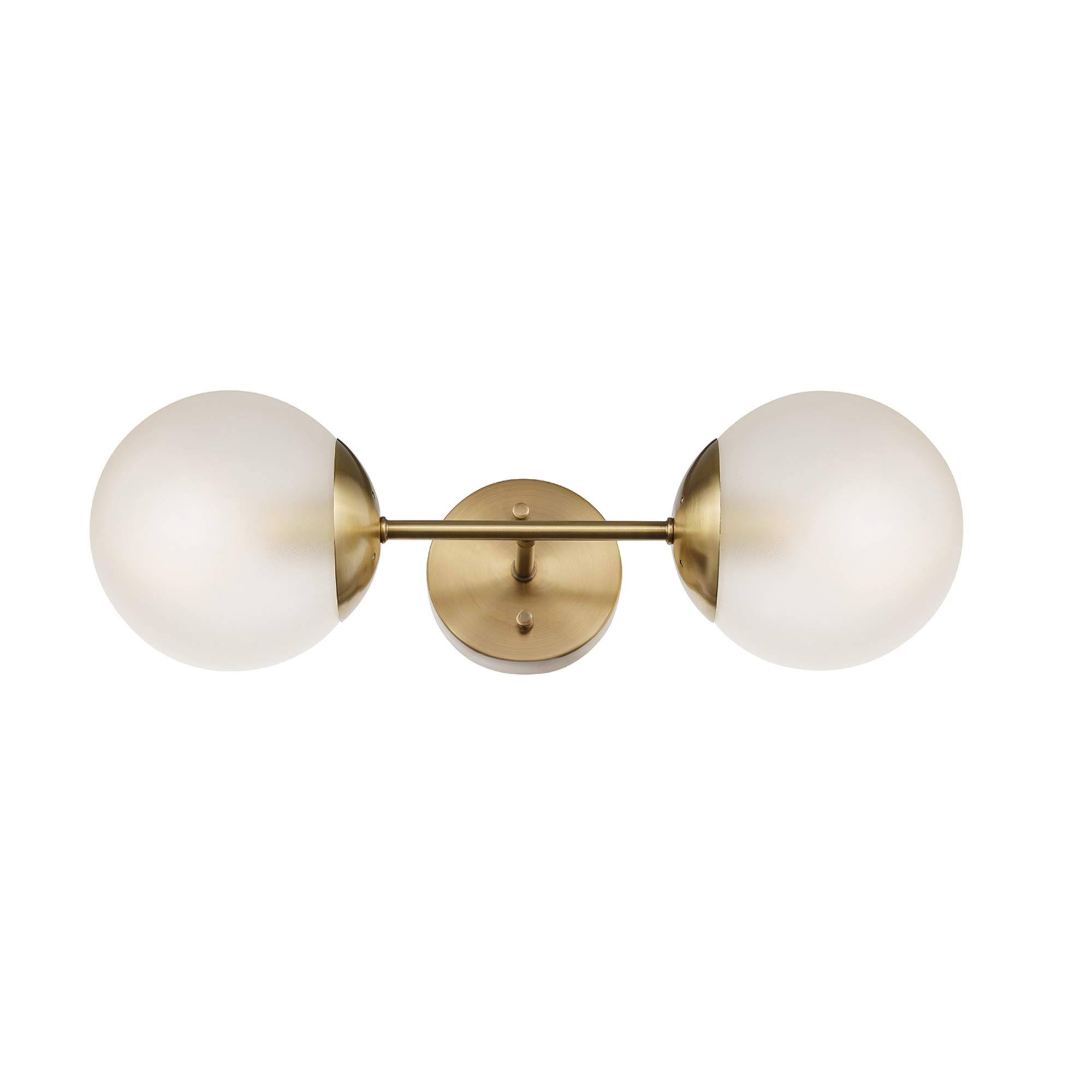 61aa5bea6ae223e22824214ca26928c4e75dba9ab8eb107b73c77c4e951d896c.jpg Globe Electric Celestia 2-Light Matte Brass Wall Sconce with Frosted Glass Shades - Image 1