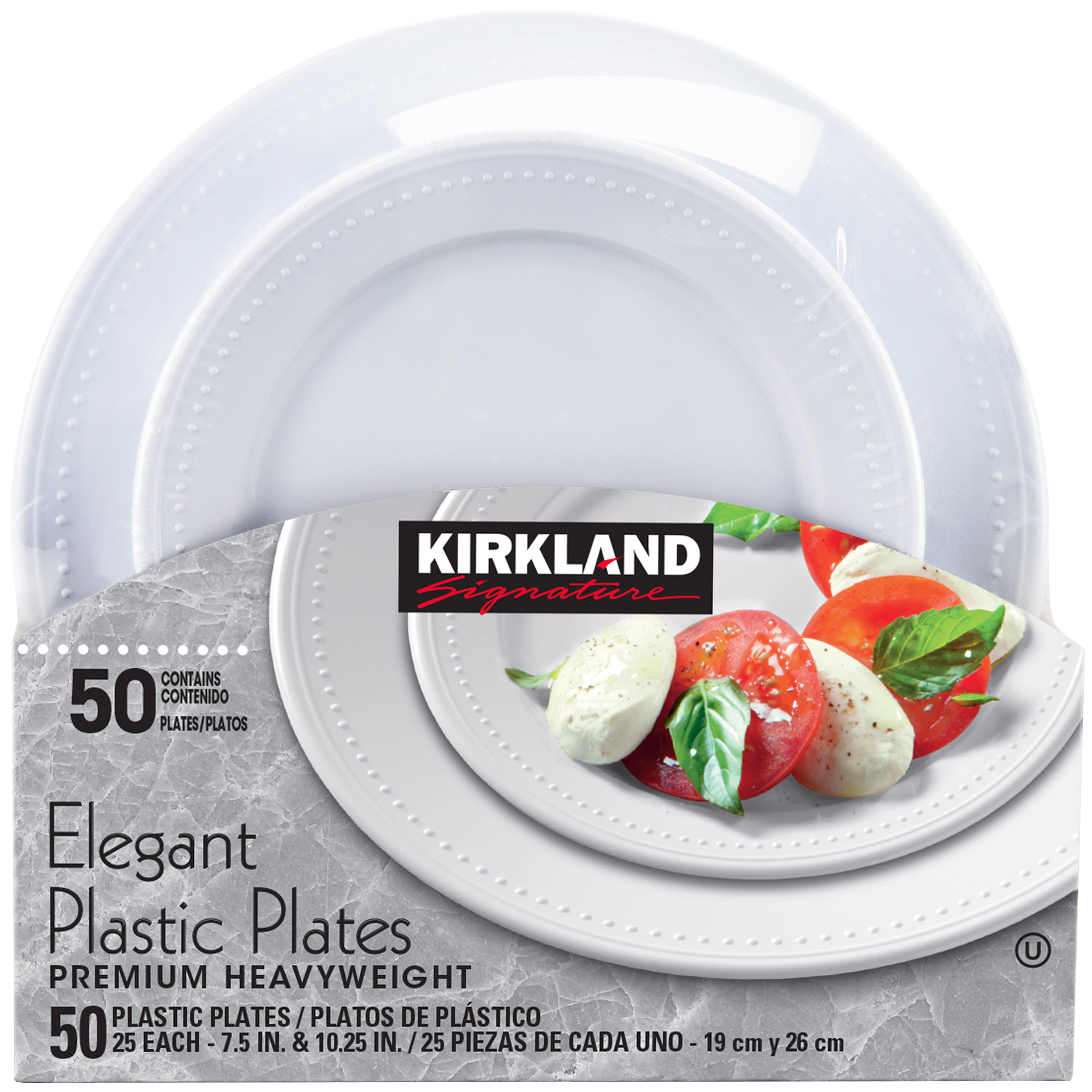 61ca393a6b107833a9f988a034fefea5868bbb92b713182ac90037c996649069.jpg Kirkland Signature Elegant Plastic Plates, Variety Pack, White, 50 - Count - Image 1