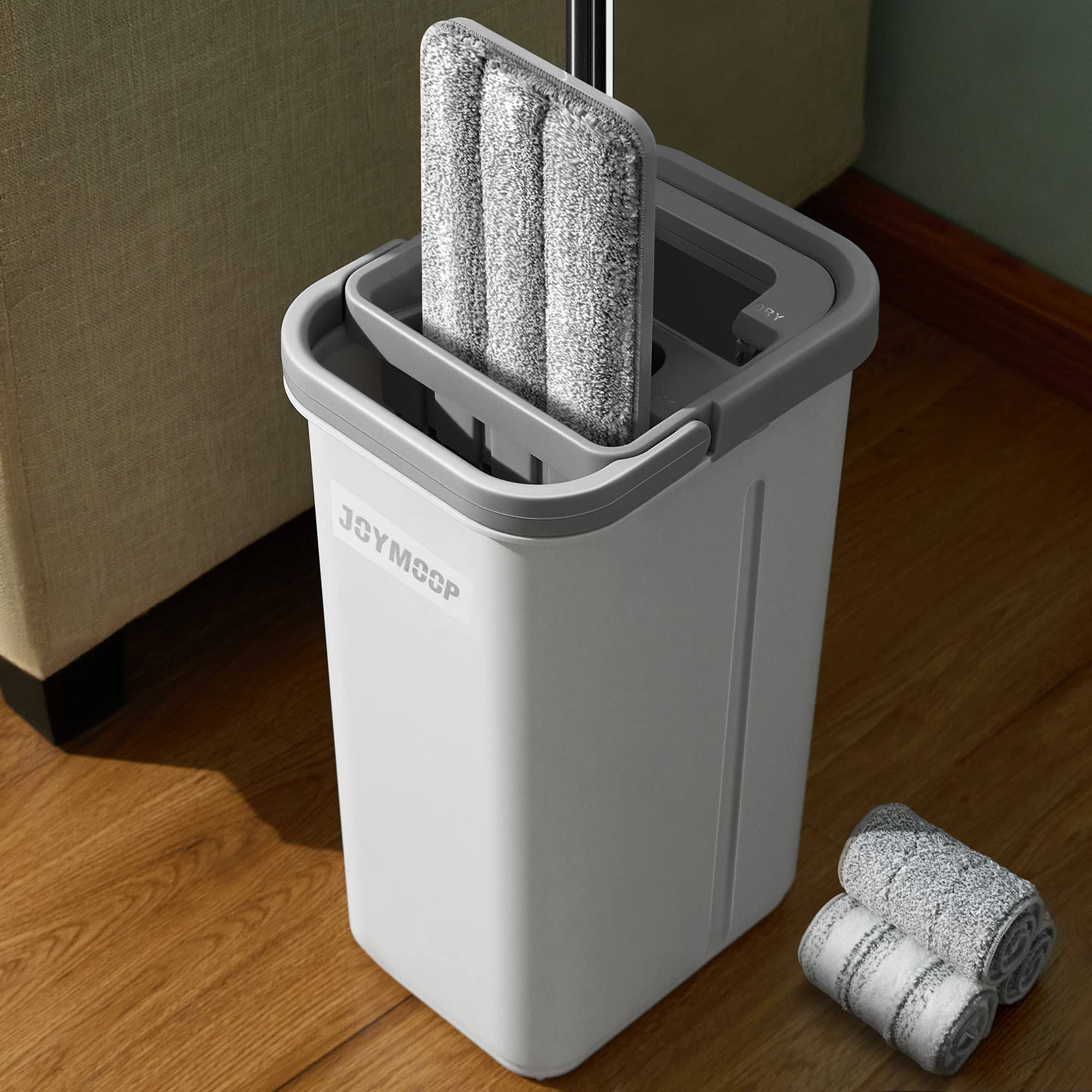 620521410fe3c1b47200810fe17e9580eba3515d573e7e4f5f668bcd1d21b399.jpg JOYMOOP Mop and Bucket with Wringer Set, Hands Free Flat Floor Mop and Bucket, with 3 Washable Microfiber Pads, Wet and Dry Use, Floor Cleaning System - Image 1
