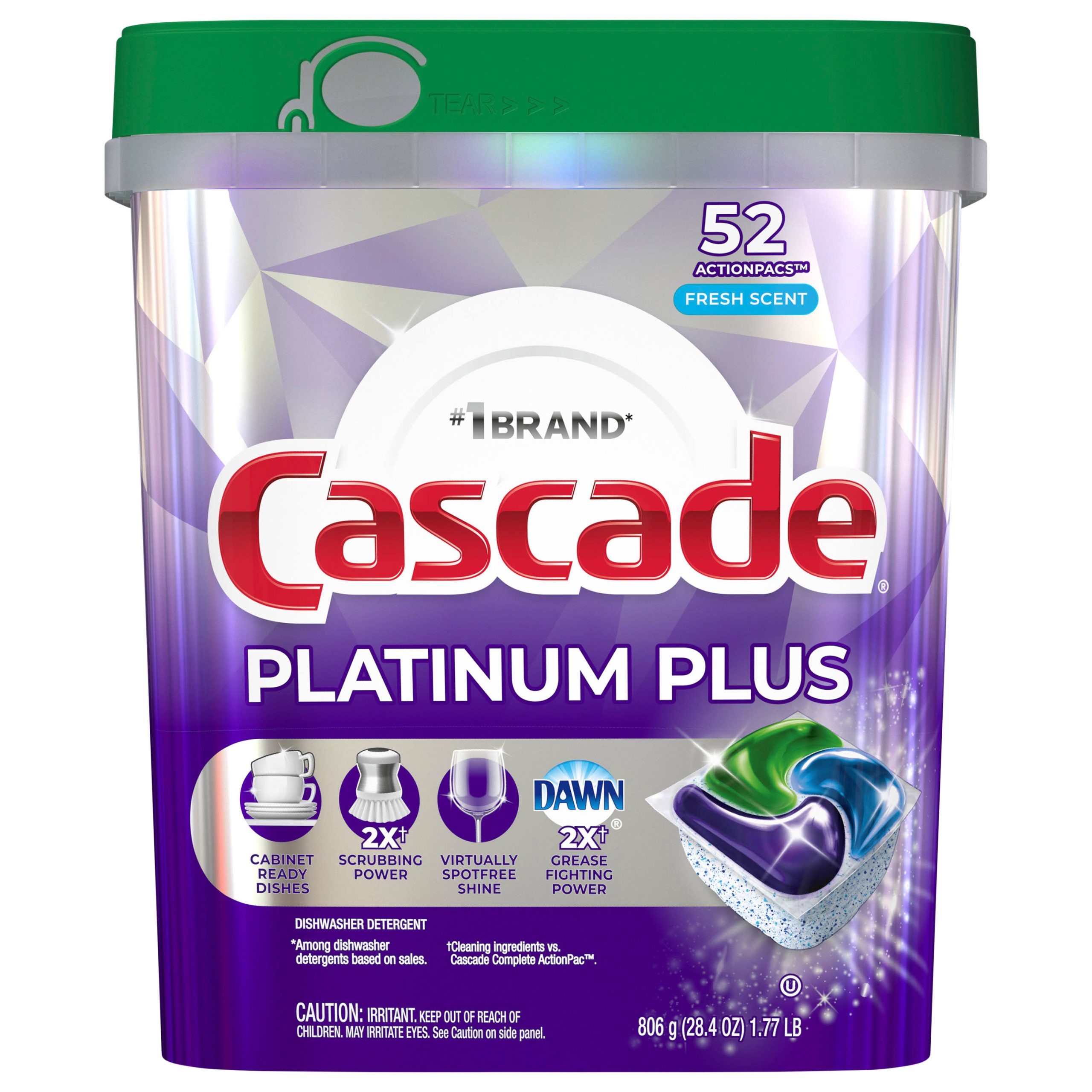 6234b5c8413823a1e8bf821b780938e39ba8f68f48c41343f3fdb983dec00023.jpg Cascade Platinum Plus Dishwasher Detergent Pods, Fresh - 52 ct - Image 1