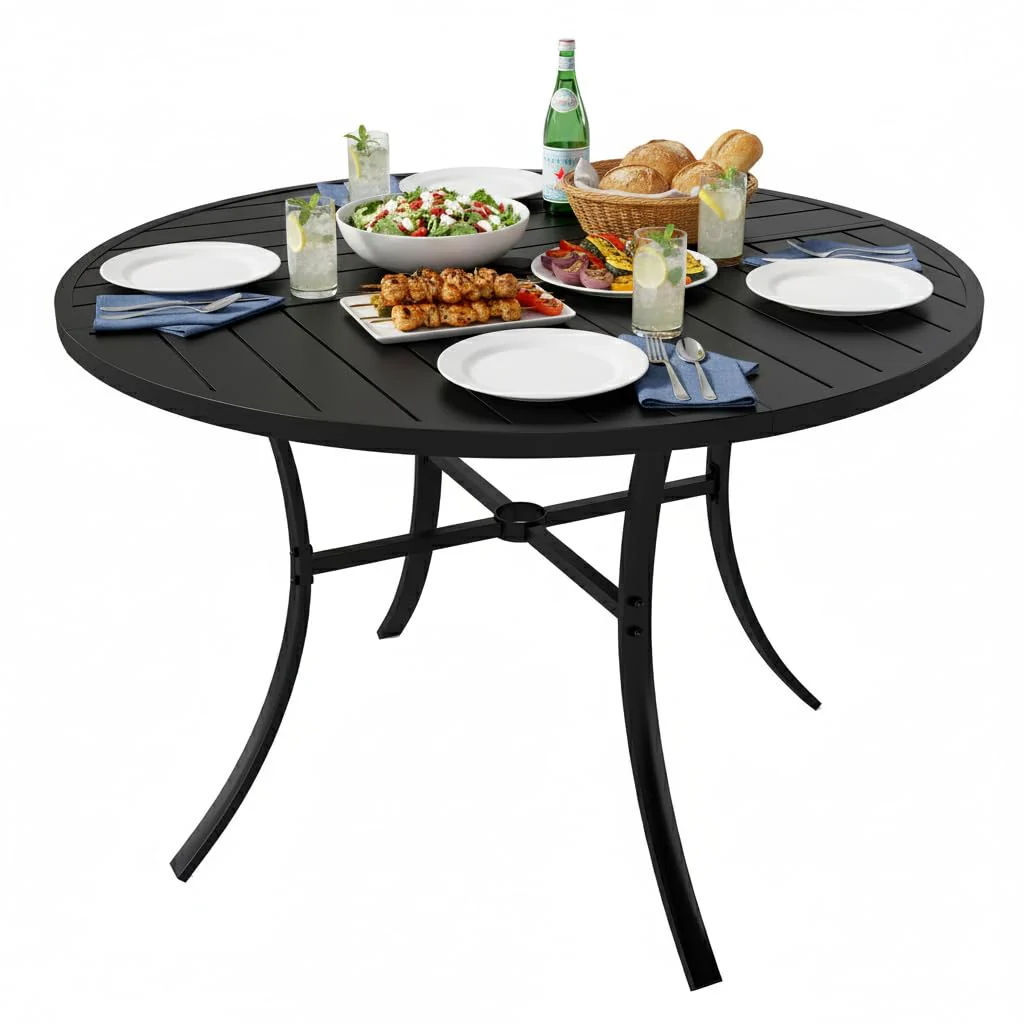 62409d30337ec206eec26c1ad33d75f8b8e42fcfb673e19543fa63c6bd08568f.webp Tangkula 42.5" Round Metal Patio Dining Table for 4 with Umbrella Hole - Image 1
