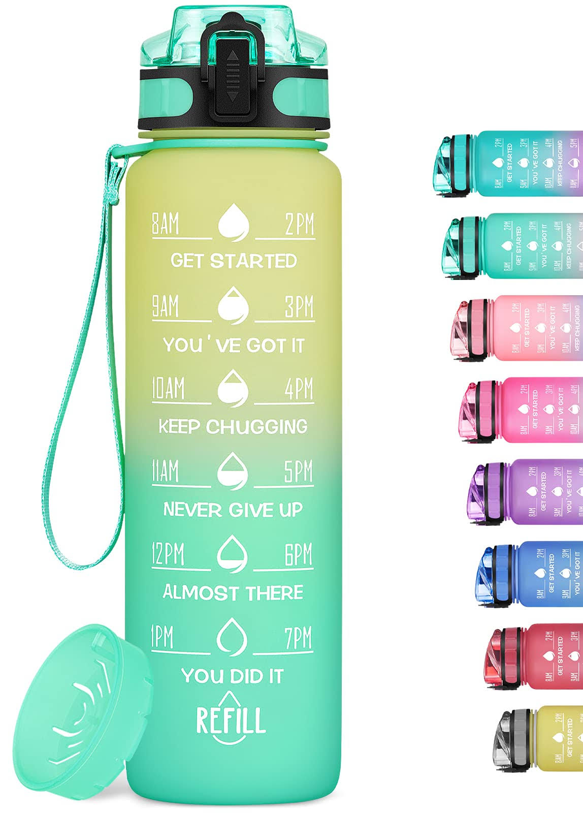 625c8bdfc0cc570f374bb14092fcfe90ca9404dcb8ce23871225d6cdd3c3c9a0.jpg MEITAGIE 32oz Motivational Water Bottle with Time Marker & Fruit Strainer, Leak-Proof BPA Free Non-Toxic Bottle with Carrying Strap, Perfect for - Image 1