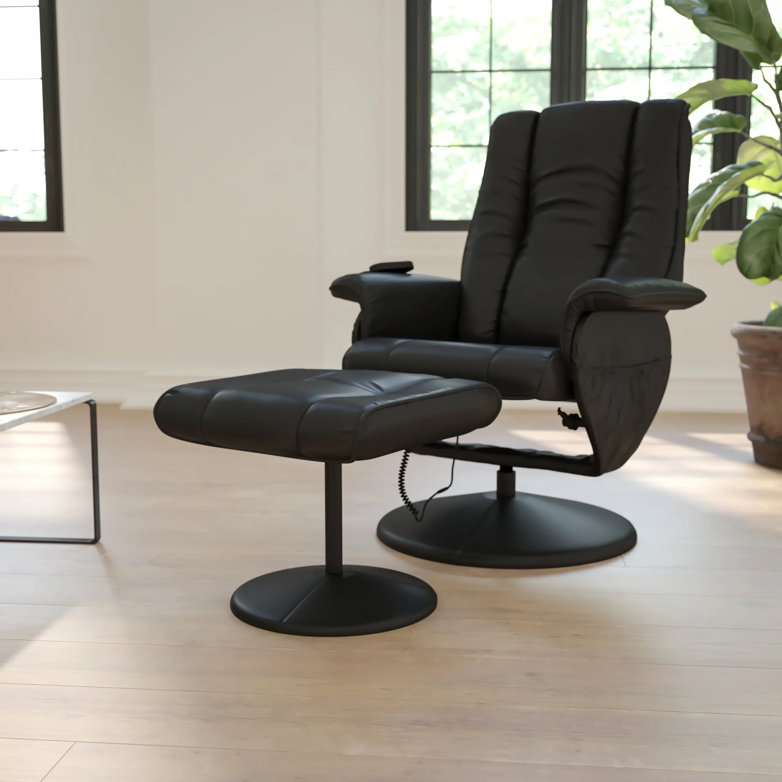 62818d14609b5556c7f96244eb625cc7e72d4f4b81c0bbb7cbf265b23365afab.webp Bizchair Massaging Heat Controlled Adjustable Recliner and Ottoman with Wrapped Base in Black Leathersoft - Image 1