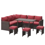 AECOJOY 7 Pieces Outdoor Wicker Rattan Furniture Set, Brown & Wine Red