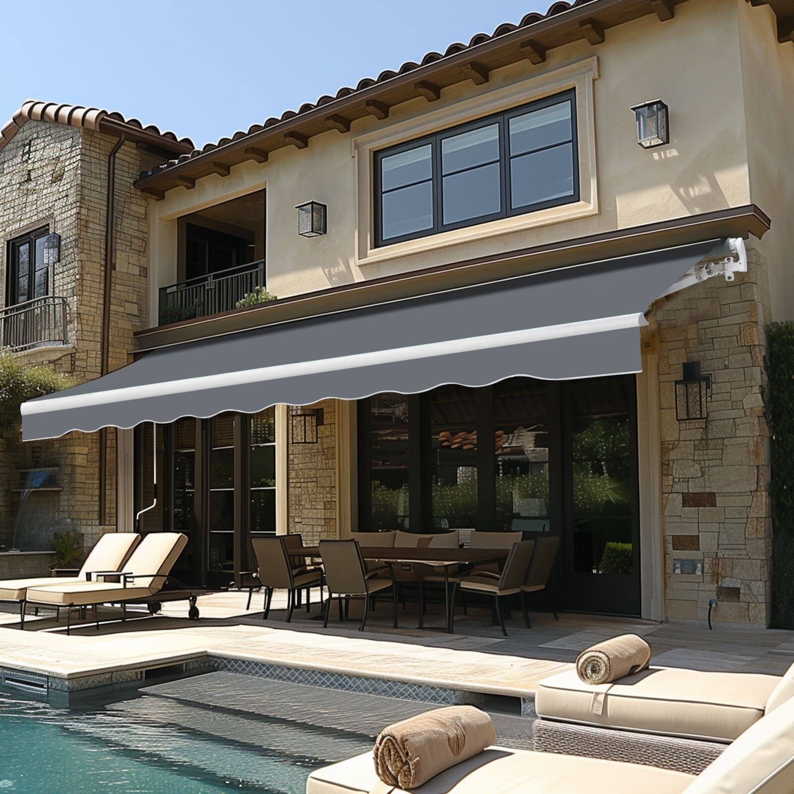 62a075136deae1df70779dc9c213805b57224244ccccffe6892d1b064bc35aeb.jpg Veikous 12'x10' Retractable Patio Awning Sun Shade Cover - Grey - Image 1