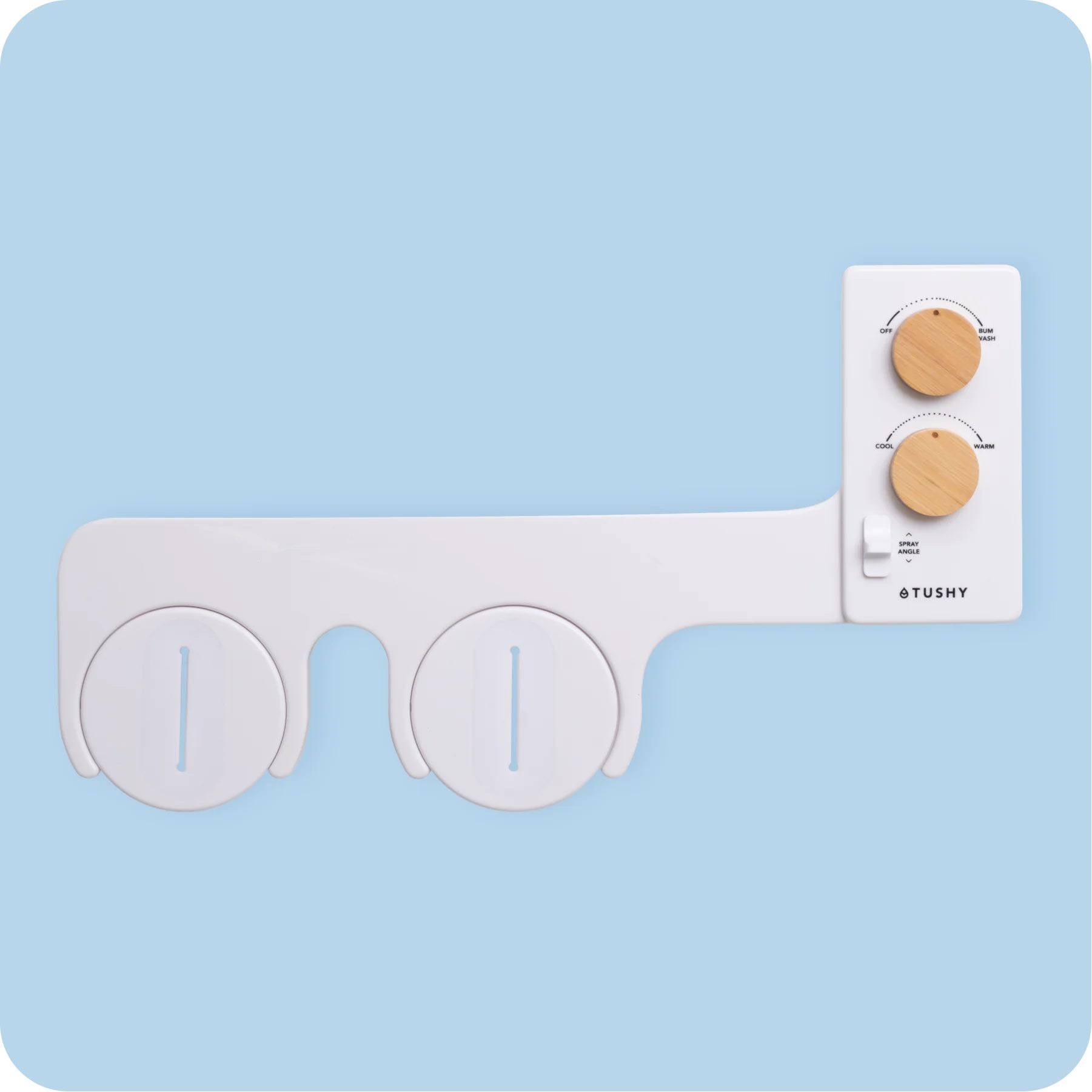 62af8d1b72ec557c07da6421d8e6b7322970e2d4a5f00bf842c16857b1eece63-1.jpg Tushy Spa 3.0 Bidet Attachment | Warm Water | White with Bamboo Knobs - Image 1