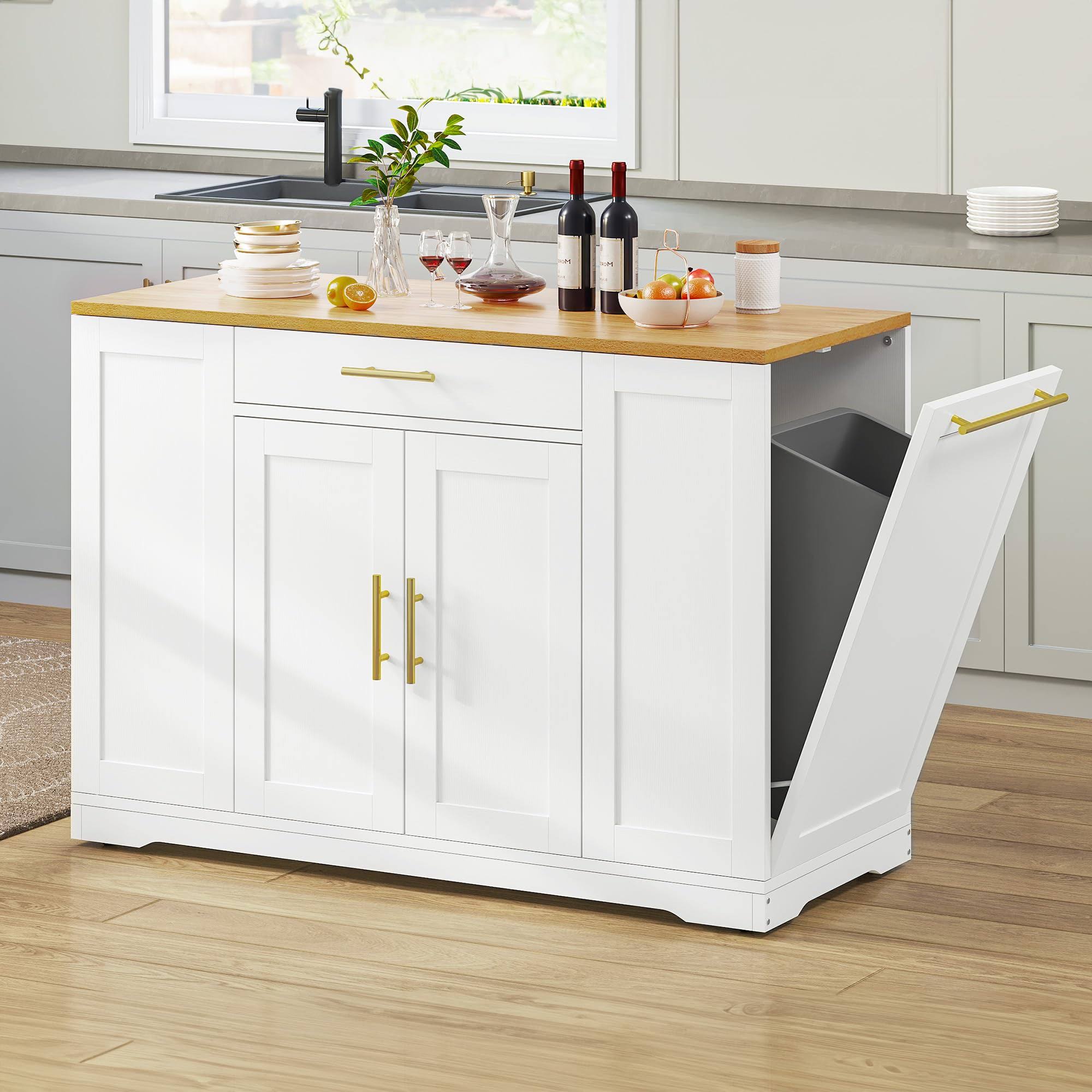 62d1119b5a5400acce9302a8a5e82a1c4a58f491266ffe7cf232cb0d7f6f35e3.jpg YITAHOME 53 inch Large Rolling Kitchen Island with Trash Can Storage Cabinet, Portable Mobile Islands Table Long Floating Movable W Wheels Cabinet - Image 1