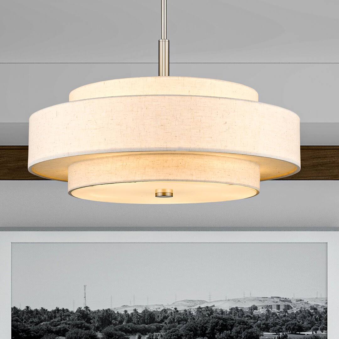 62d890ec94574ca2795a37f0844398676151609bebc7eed2618ec3a8ff1bb1b4.jpg Arnob 5 - Light Shaded Drum Chandelier Lark Manor Finish: Brushed Nickel, Shade Color: Oatmeal - Image 1
