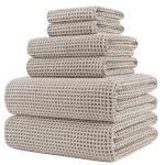 POLYTE Oversize, 60 x 30 in, Quick Dry Lint Free Microfiber Bath Towel Set, 6 Piece (Beige, Waffle Weave)
