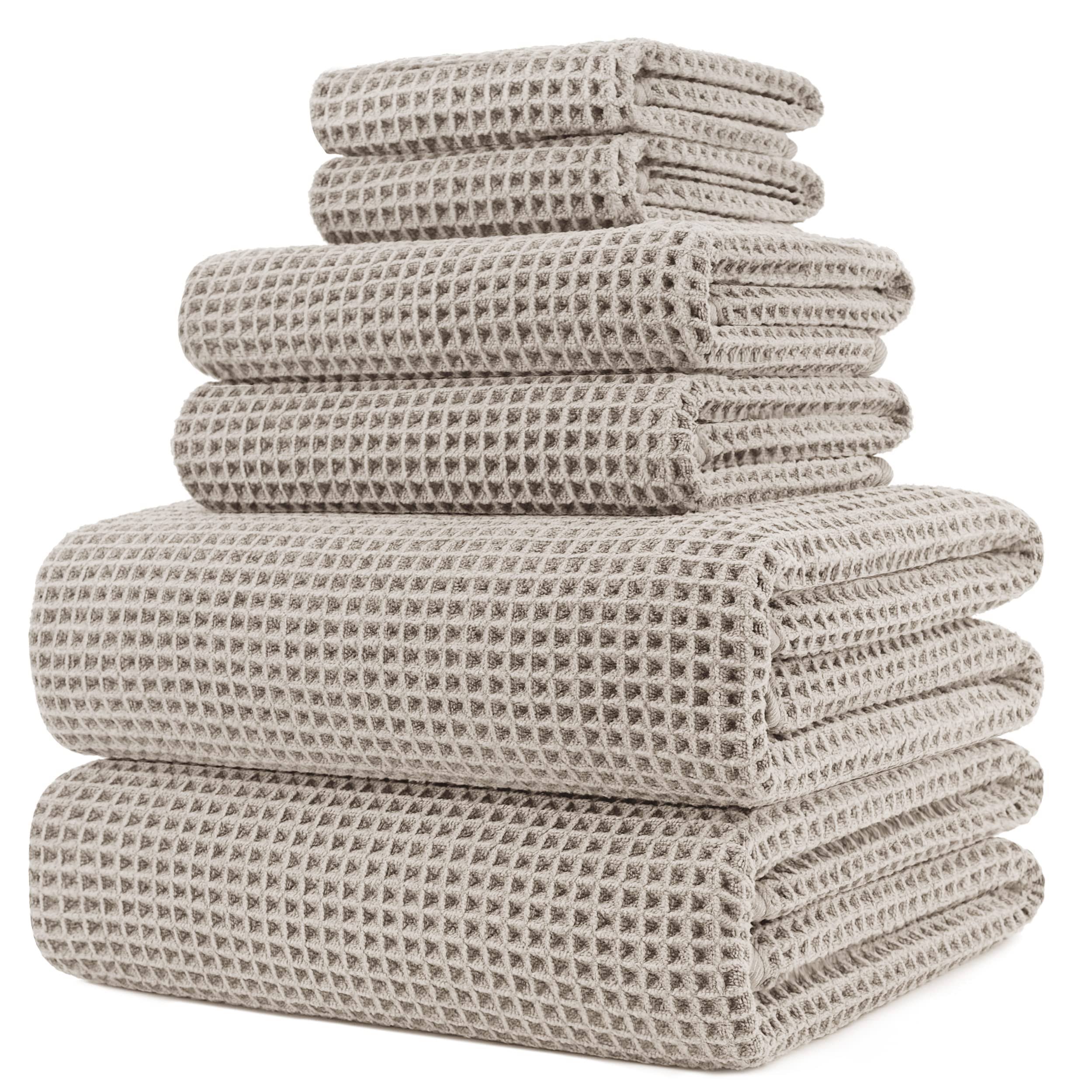 62f1b0196e9d98d9f7fffce54309152cde5fd0fa54ce449cf746e04213cec91d.jpg POLYTE Oversize, 60 x 30 in, Quick Dry Lint Free Microfiber Bath Towel Set, 6 Piece (Beige, Waffle Weave) - Image 1