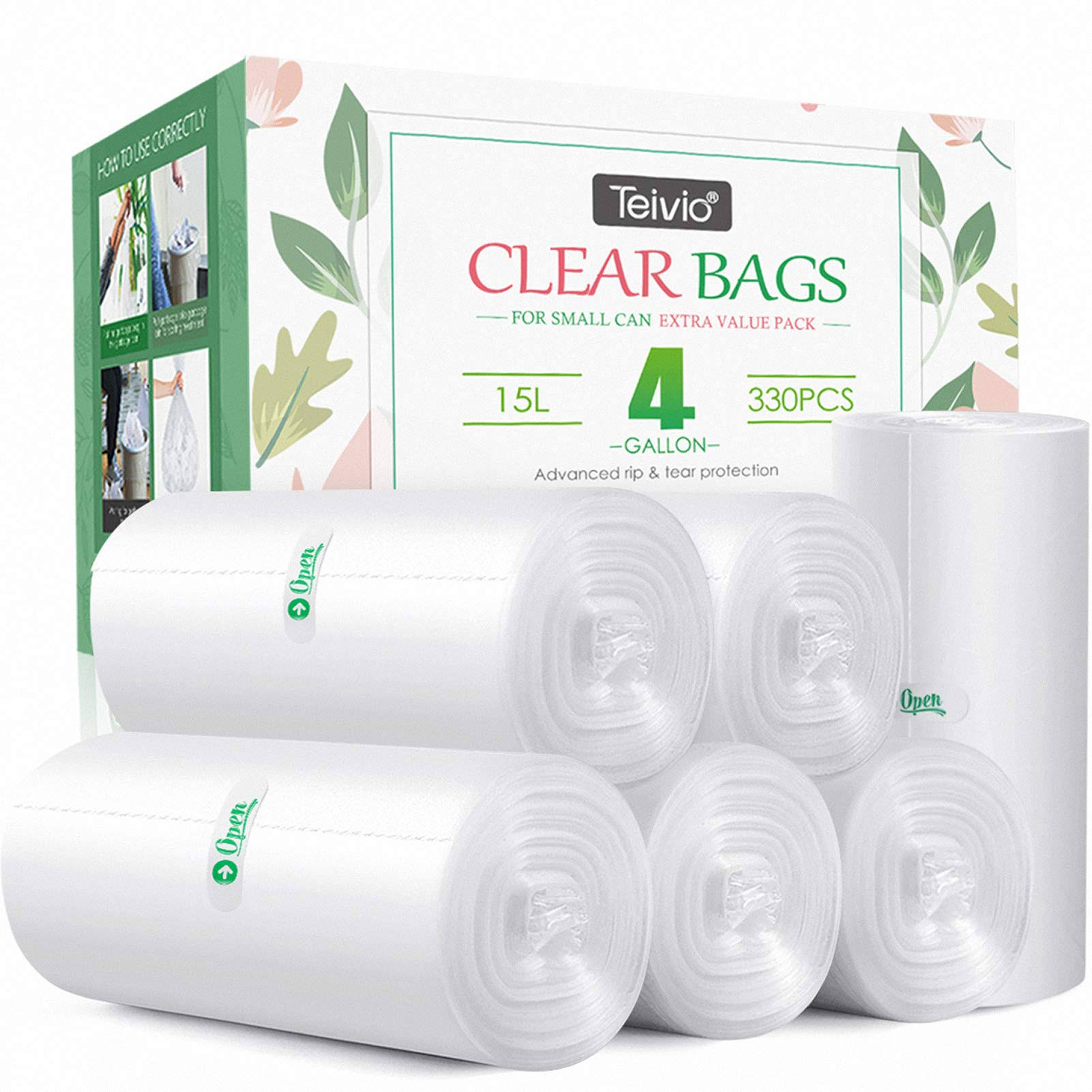 63c635767d9d01386611891d525d34306366b5f727774cbf6b1456ebd943c7f0.jpg 330 Counts Strong Trash Bags Garbage Bags by Teivio, Bathroom Trash Can Bin Liners, Small Plastic Bags for Home Office Kitchen (4 Gallon, Clear) - Image 1