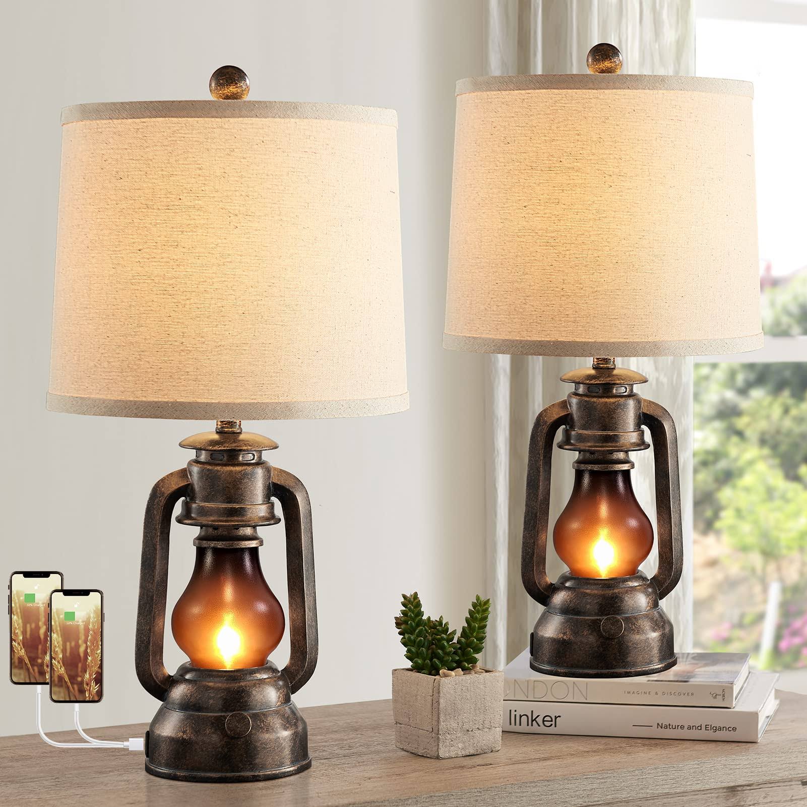 63d105b3c4cab62928ad705510ba770747bb9260d087b92742b04cb0897b840e.jpg RORIANO Farmhouse Lantern Table Lamps for Living Room Set of 2, Vintage Bedroom Resin Desk Lamp with Dual USB Charging Ports, Rustic Ret - Image 1