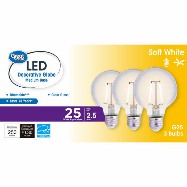 63dbaf0198314005df53ba430aadc85148741988cb4ac946ed94dfdf69c75421.jpg Great Value LED Light Bulb G25 25W Eqv. Softwhite, Clear - Image 1