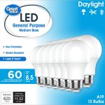 Great Value LED Light Bulbs, 60 Watts Eqv, Daylight, A19 General Purpose Light Bulbs, 5YR, 12pk, White 93131088