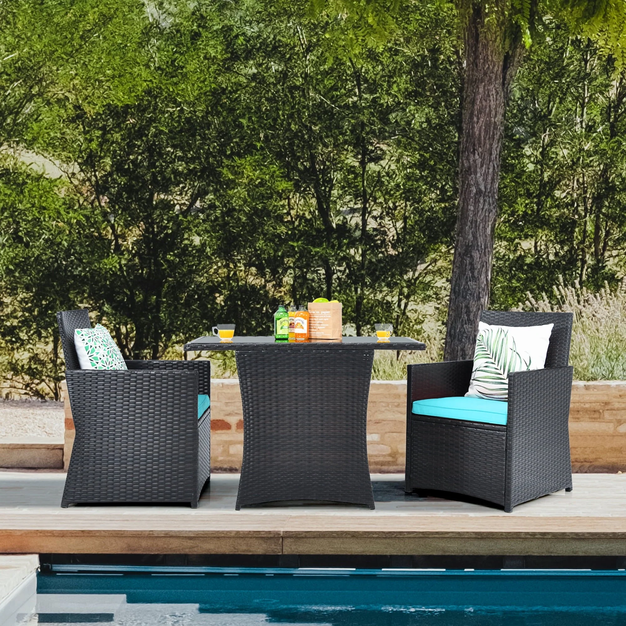 647cb858f9442f268f4fa19710d0ee6effae2d8182c2a51d2d1312573a193780.webp Gymax 3PCS Patio Wicker Bistro Set PE Rattan Dining Table Set W/ Turquoise Cushions - Image 1