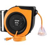 VEVOR Retractable Extension Cord Reel, 65 ft, Heavy Duty 12AWG/3C Sjtow Power Cord, with Lighted Triple Tap Outlet, 15 Amp Circuit Breaker, 180��