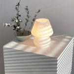 LongTN Translucent Table Mushroom Lamp Italian Style Modern Striped Glass Bedside Lamps Desk Light, used for Baby Home Decoration of
