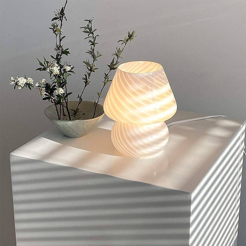 64d73ef7dc7b5ed0e2a1e5c3e6fc7407f7a745bf306627479d57ea2be611b7cd.jpg LongTN Translucent Table Mushroom Lamp Italian Style Modern Striped Glass Bedside Lamps Desk Light, used for Baby Home Decoration of - Image 1