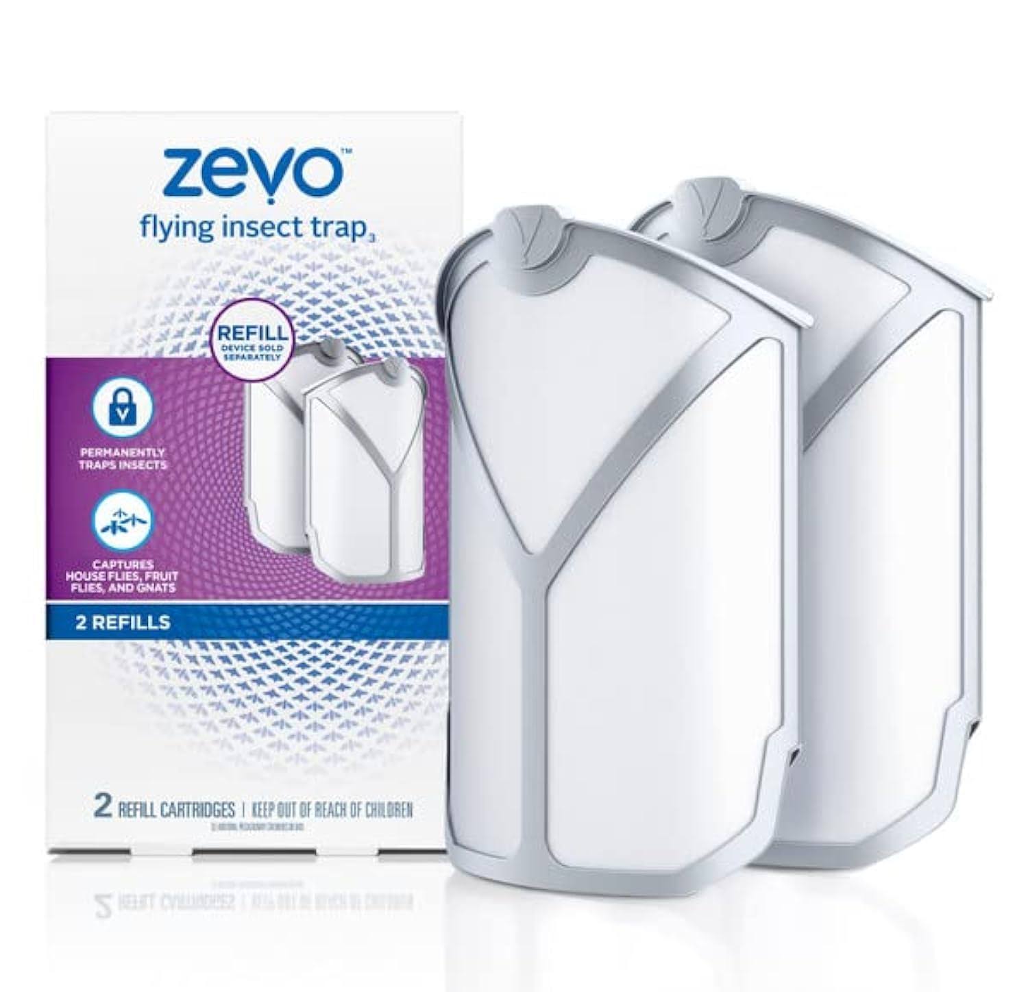 64fc15dd041fe37d77213b4907ba633cb99693efd658ab4f7decc3d823014dfc.jpg ZEVO Flying Insect Trap Refill Kit| Attracts and Traps Insects Like Fruit Flies, Gnats, House Mosquitoes Other | Pack Includes 2 Cartridges| Device - Image 1