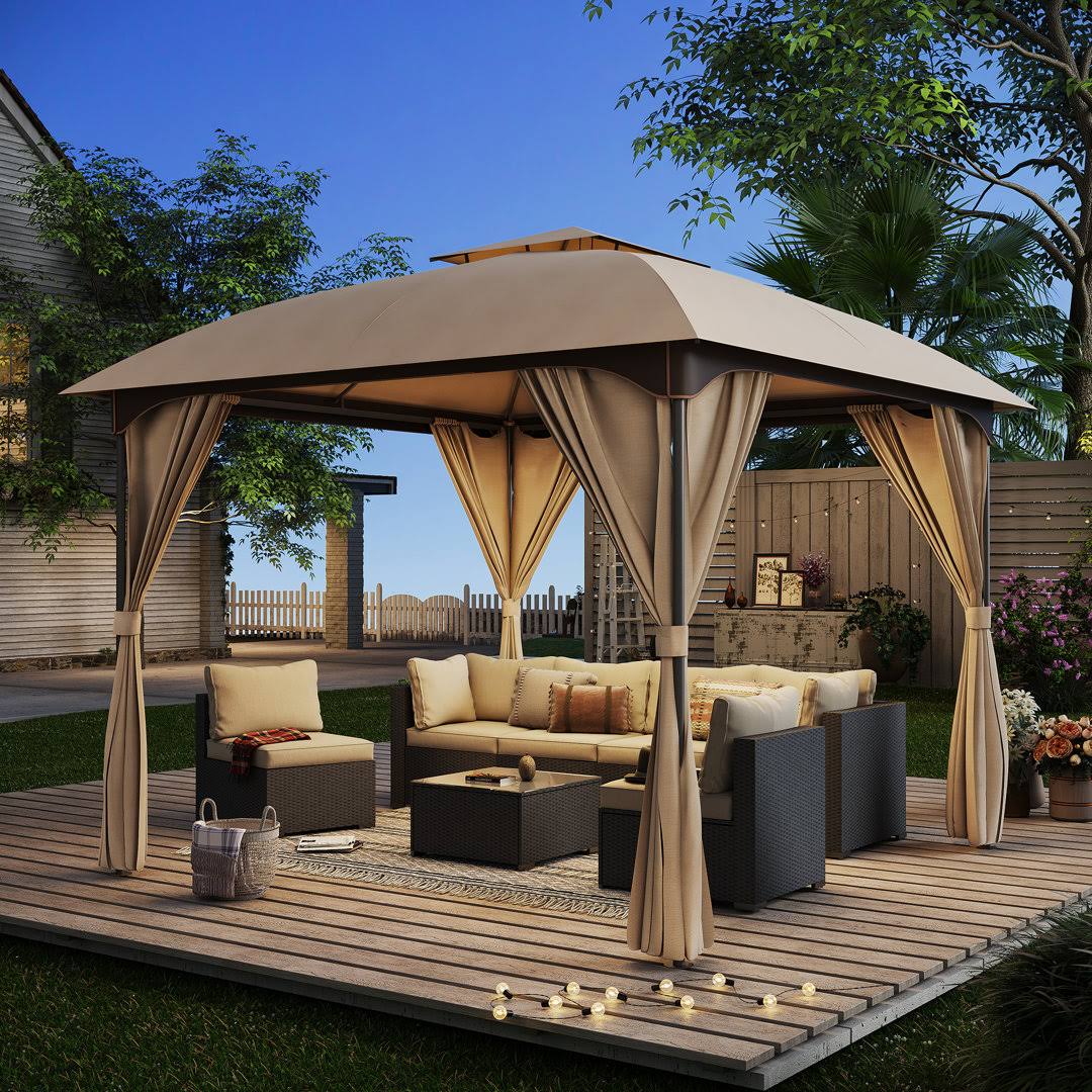 651777214a211a57fb0566568aee12b53adabf03182bdcd3f28f45978a104ad3.jpg 10 ft. W x 10 ft. D Iron Patio Gazebo LAUSAINT Home Roof Color: Khaki - Image 1