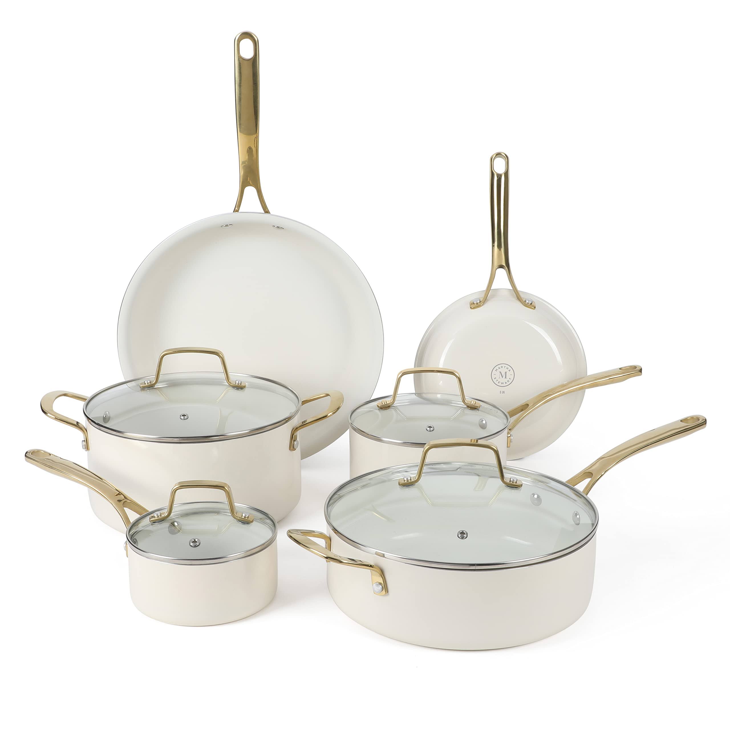 654d83af40904eed818346e4c0b056d85be3dcafe23000dde5f839eb4d8c2801.jpg Martha Stewart Lockton Premium 10-Piece Enameled Heavy Gauge Aluminum Ceramic Nonstick Cookware Set in Linen - Image 1