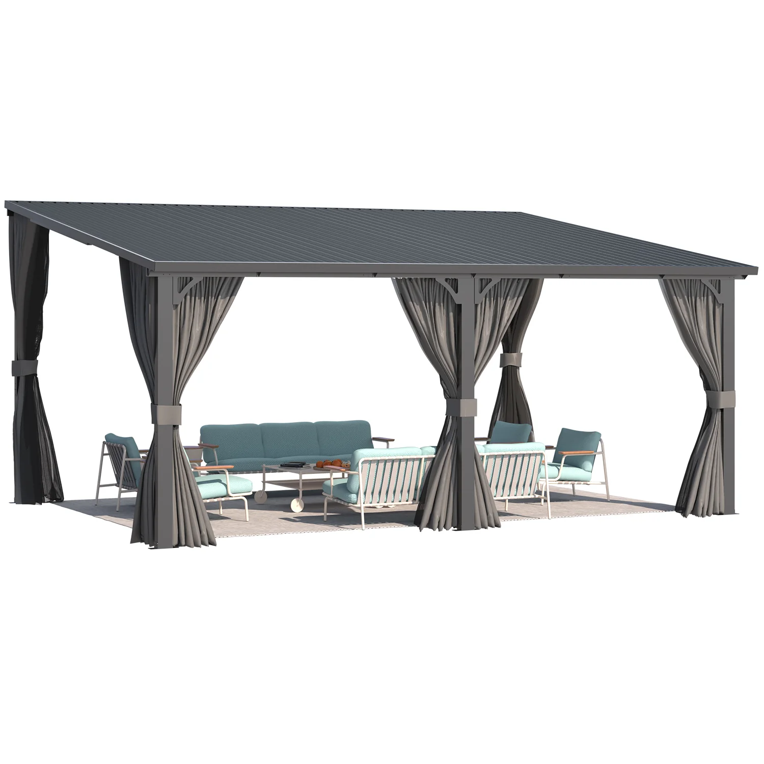 657511ff72d7ed1deee2ae1e345ec636aa9754534d5c2a236c0a922ca7cc171d.webp AECOJOY 16'x12' Outdoor Hardtop Metal Gazebo with Curtain and Netting - Image 1