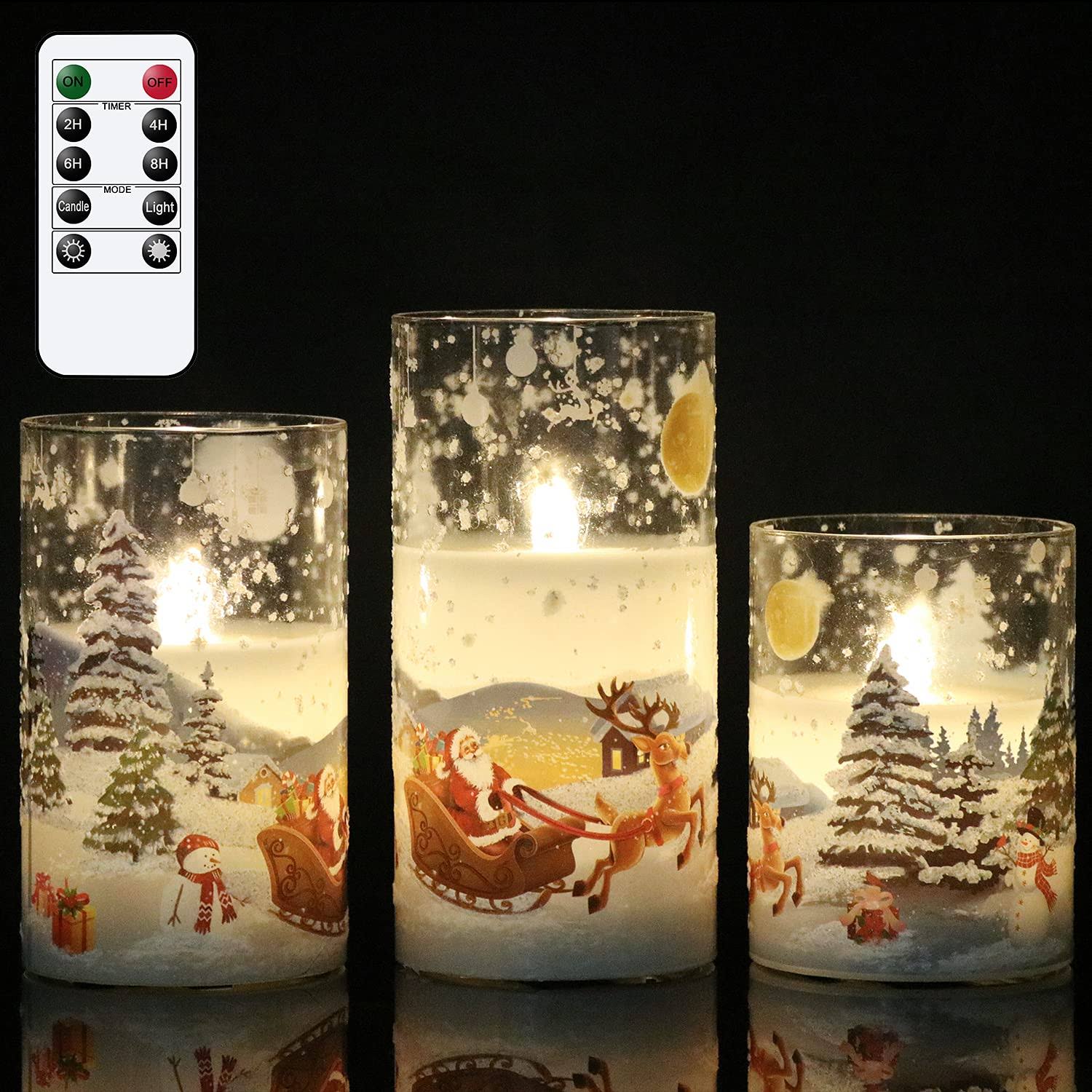 659d960e66cc04e2f50a2569fb5b096d946b47dc4de9706c13860c8a5d5455cc.jpg DRomance White Christmas Glass Flickering Flameless Candles Battery Operated with 10-Key Remote and Timer Set of 3 Real Wax Holiday LED Window Pillar - Image 1