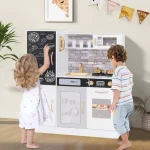 Large Wooden Kids Kitchen Playset, Little Chef Pretend Toy Kitchen Set w/Chalkboard, Microwave, Real Sounds & Lights for Toddlers Age 3+