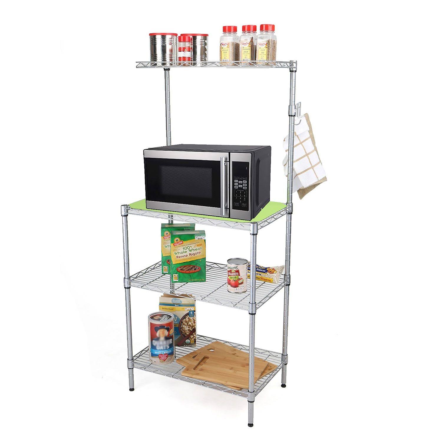 65d99233e55e103e8ff84cd2e6de2c023243bf6b60dc7337640f729568557063.jpg Mind Reader 3 Tier Microwave Shelf Counter Unit with Hooks, Silver - Image 1