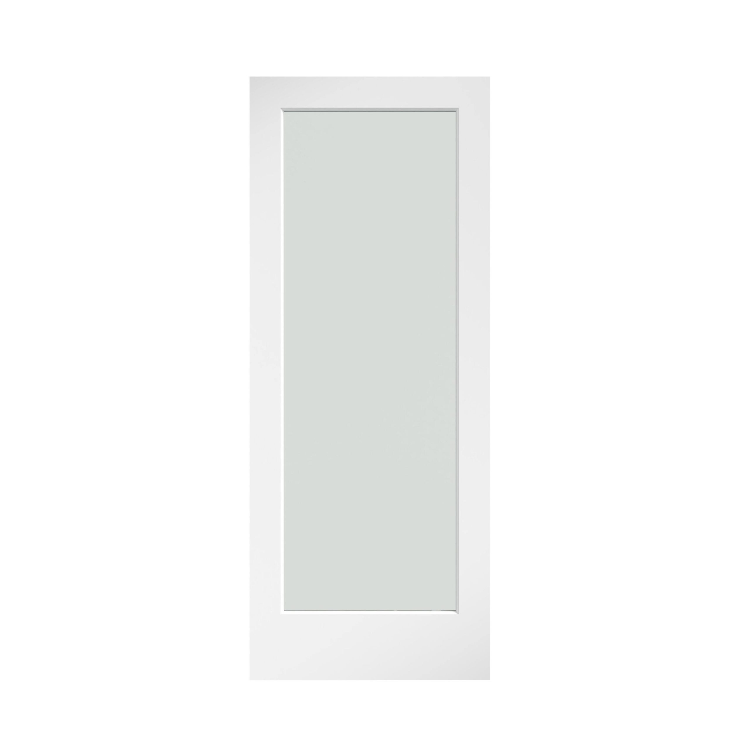 65fcb90d447441a8e3ae7000bd8c4a78e32c662d306678693bacb2dc0347758e.jpg EightDoors 28 in. x 80 in. x 1-3/8 in. 1-Lite Solid Core Frosted Glass White Finished Wood French Interior Door Slab. White Primed(28) - Image 1