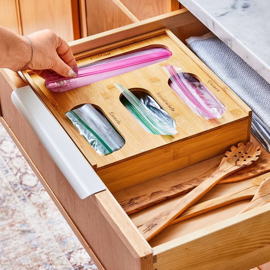 661686801886ab542afe4691eb00921f53369d55c1f47d28cf966b9e39bae0f2.jpg Better Homes & Gardens Better Homes and Gardens Bamboo Plastic Bag Storage Drawer Organizer, Natural - Image 1