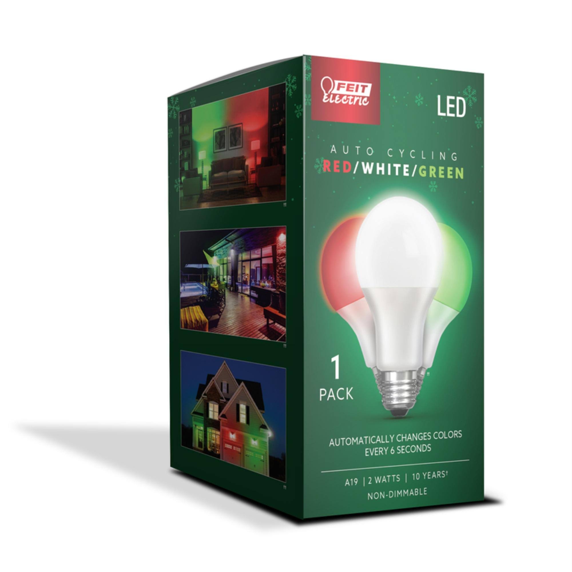 6621ebaba269ae8887e17da2b2fe317fb28c033b9dfdce0384194591ad0a889c.jpg Feit Electric A19 E26 (Medium) Auto Cycling LED Bulb Green/Red/White 2 W 1 Pk - Image 1