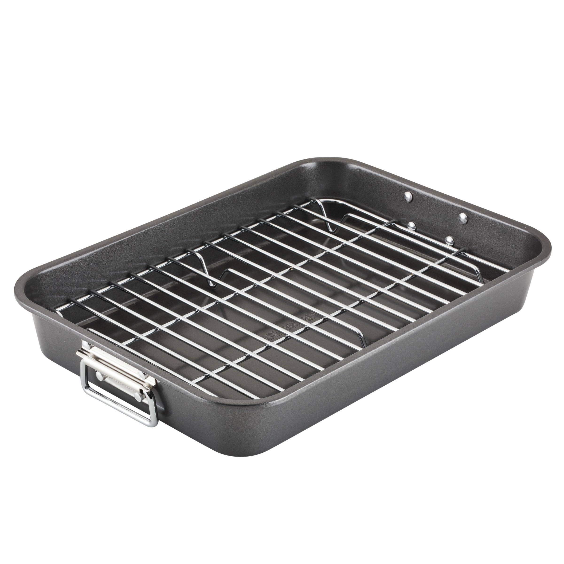 6642a19c5a8e9dd68a9f391fa19d836136bb9ab2558a46f5d8132f45b6acdabd.jpg Farberware Bakeware Nonstick Roaster with Flat Rack, 11-Inch x 15-Inch, Gray - Image 1
