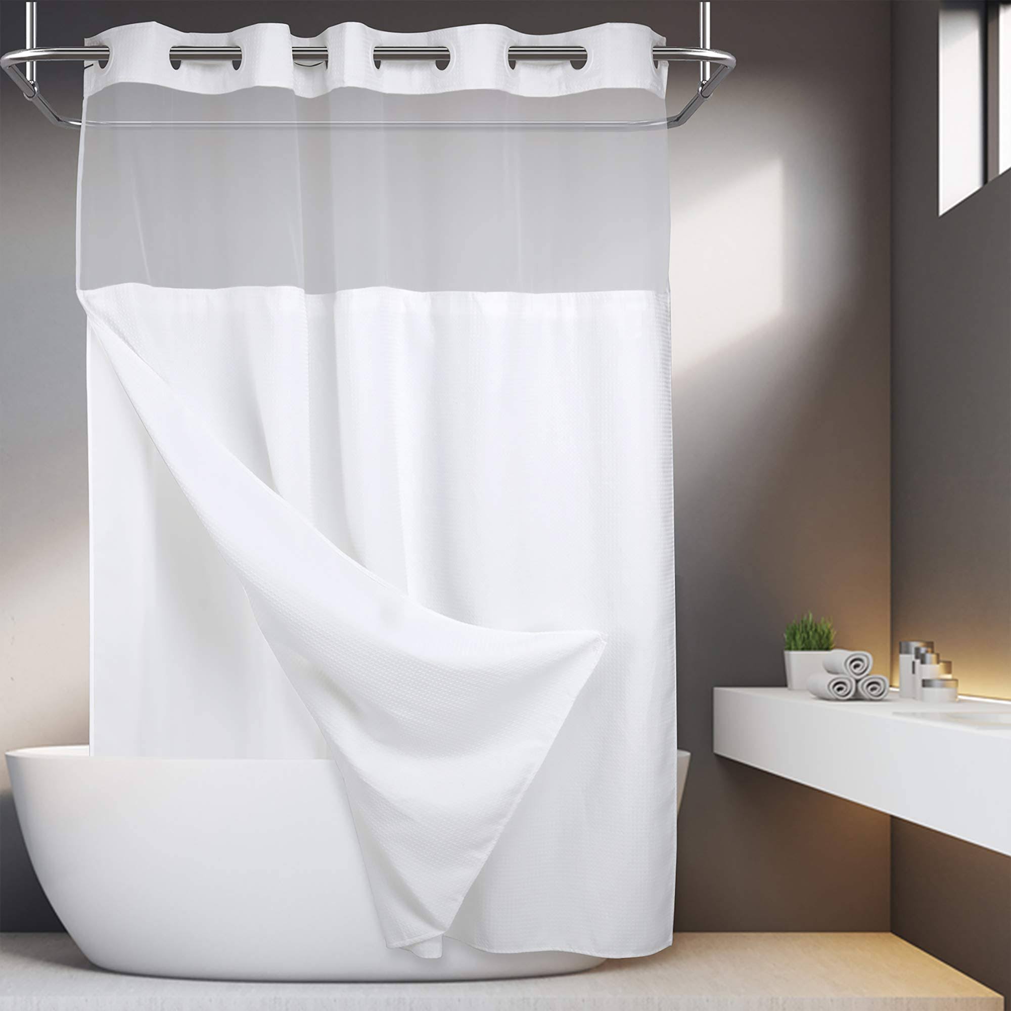 664d00bf52a1a9bfa4db439c261397770ec034c88dec06c63100c097aad467a1.jpg River Dream No Hooks Required Waffle Weave Shower Curtain with Snap in Liner - 71W x 74H,Hotel Grade,Spa Like Bath Curtain,White - Image 1